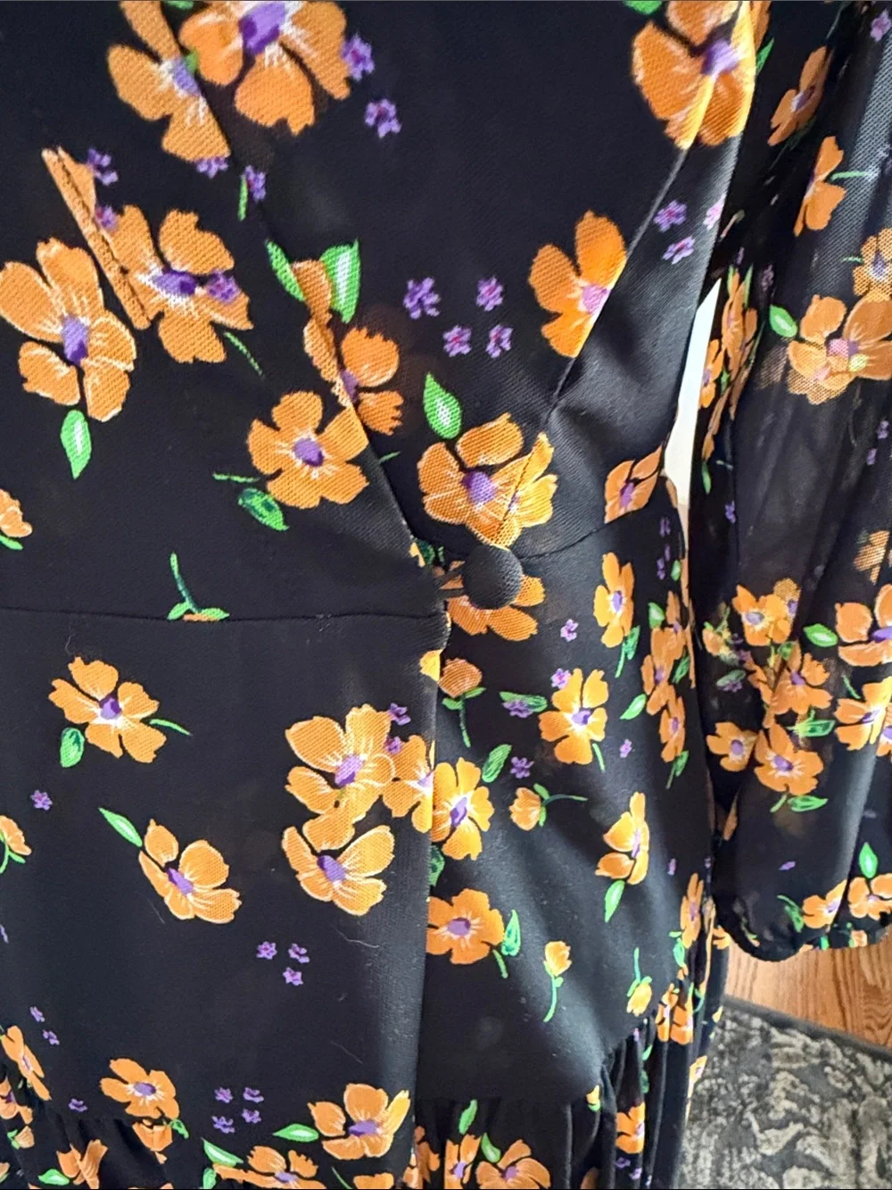 CAbi Black Wrap Midi Dress with Orange Floral Print #5945